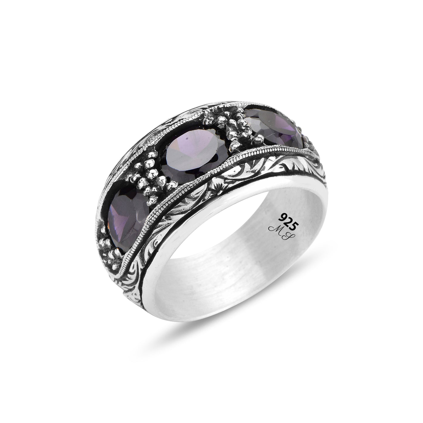 Men Handmade Engraved Amethyst Gemstone Wedding Band Ring