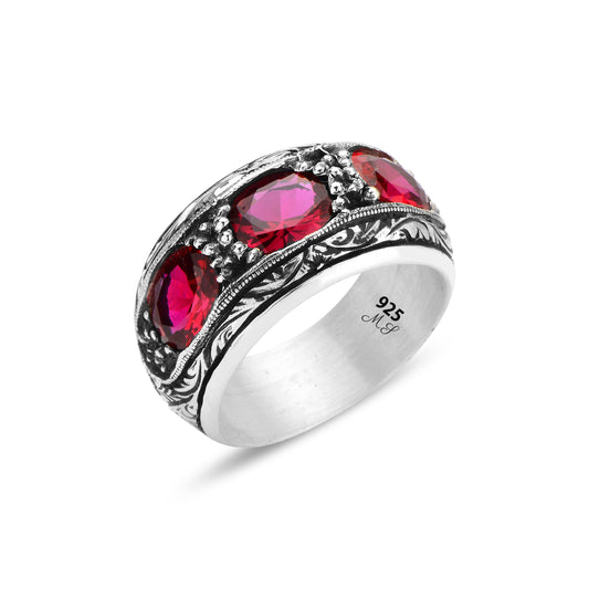 Men Handmade Engraved Ruby Gemstone Band Ring