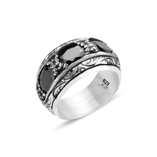 Men Handmade Black  Zircon Gemstone Engraved Band Ring