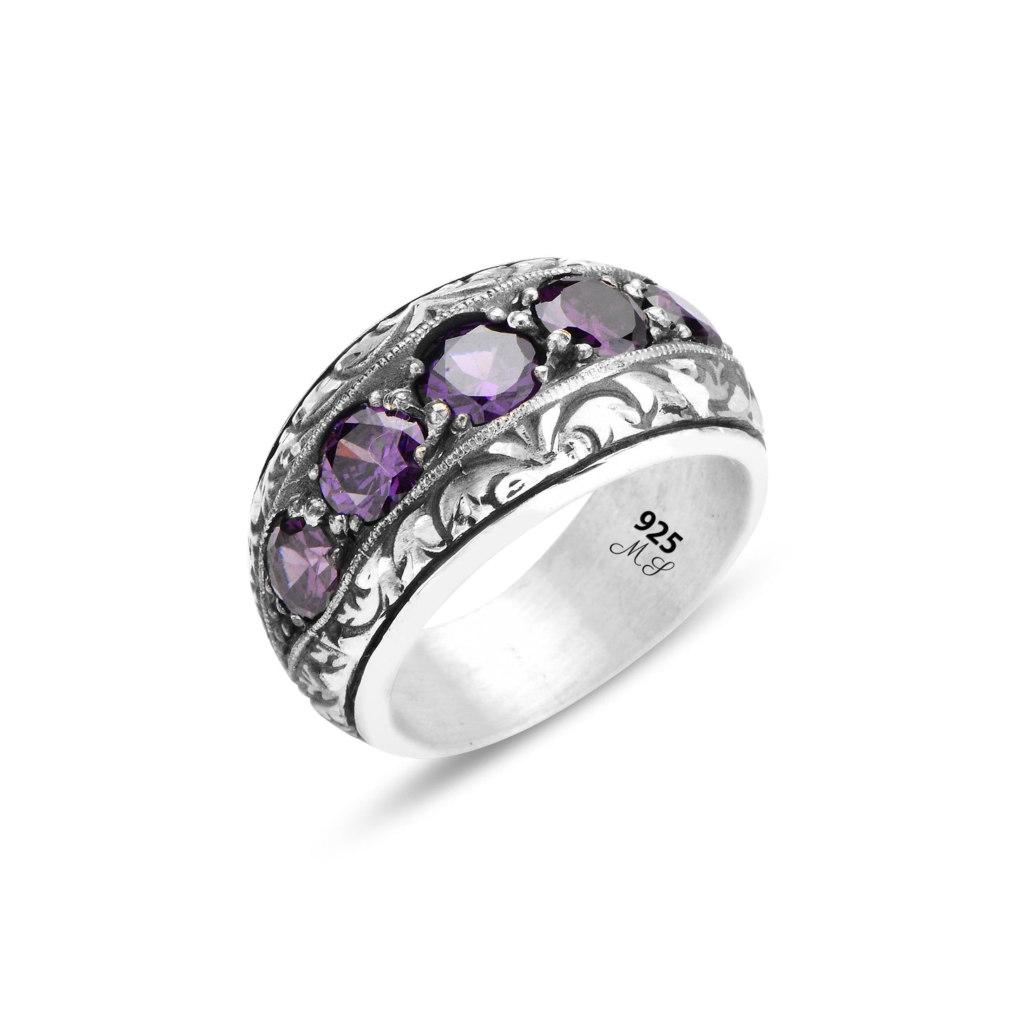 Men Handmade Engraved Natural Amethyst Ring