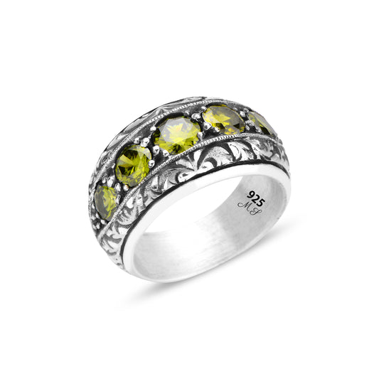 Silver Men Handmade Green Olive Gemstone Wedding Band Ring