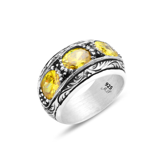 Men Handmade Engraved Yellow Citrine Band Ring