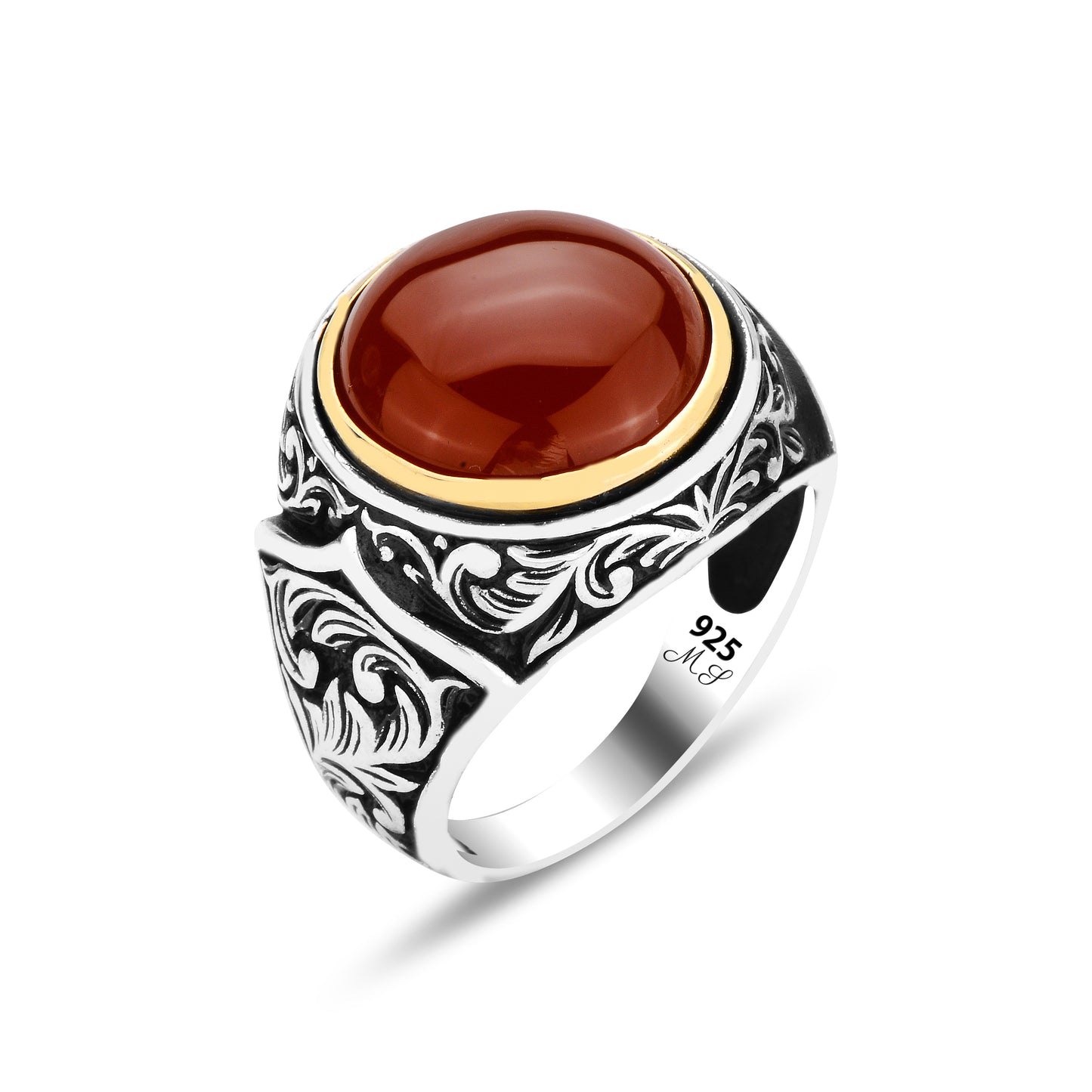 Men Silver Round Red Agate Aqeeq Gemstone Handmade Ring