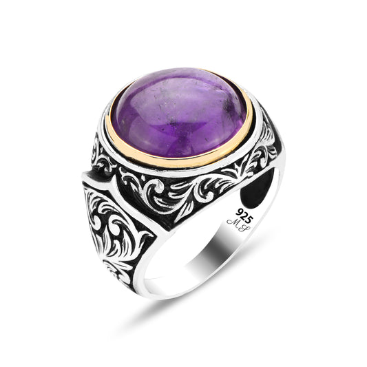 Men Silver Natural Round Amethyst Gemstone Ring