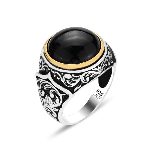 Men Handmade Round Natural Black Onyx Gemstone Ring