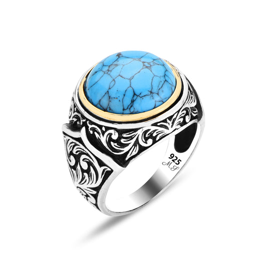 Men Handmade Round Natural Turquoise Ring