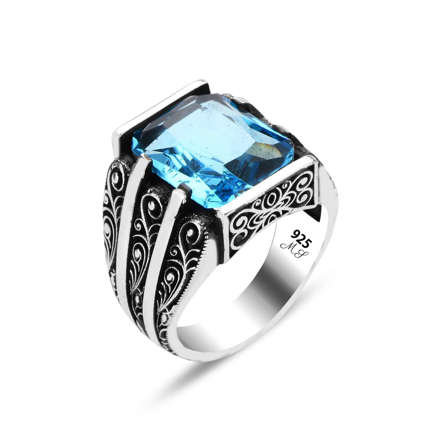 Men Handmade Aquamarine Gemstone Engraved Ring