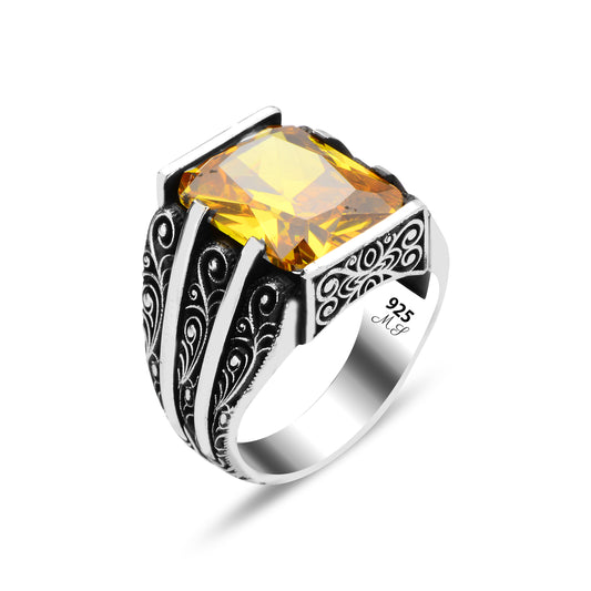 Men Handmade Engraved Yellow Citrine Stone Ring