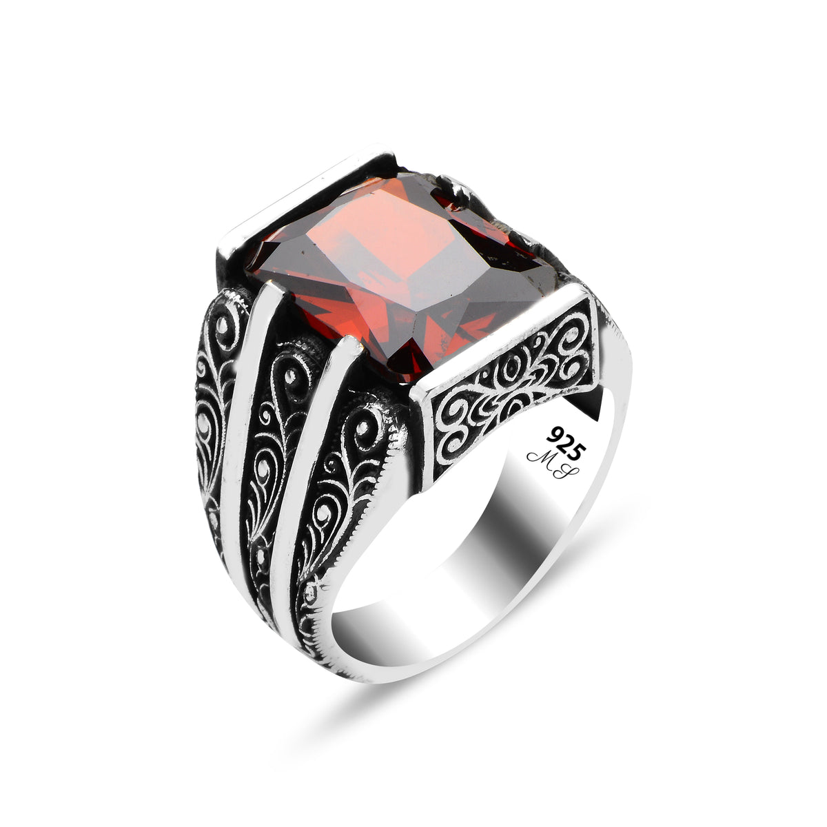 Anillo de rubí y granate hecho a mano para hombre