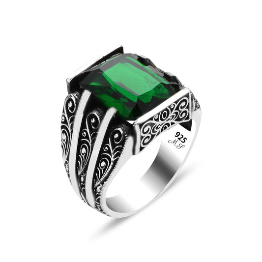 Men Handmade Green Emerald Gemstone Handmade Ring