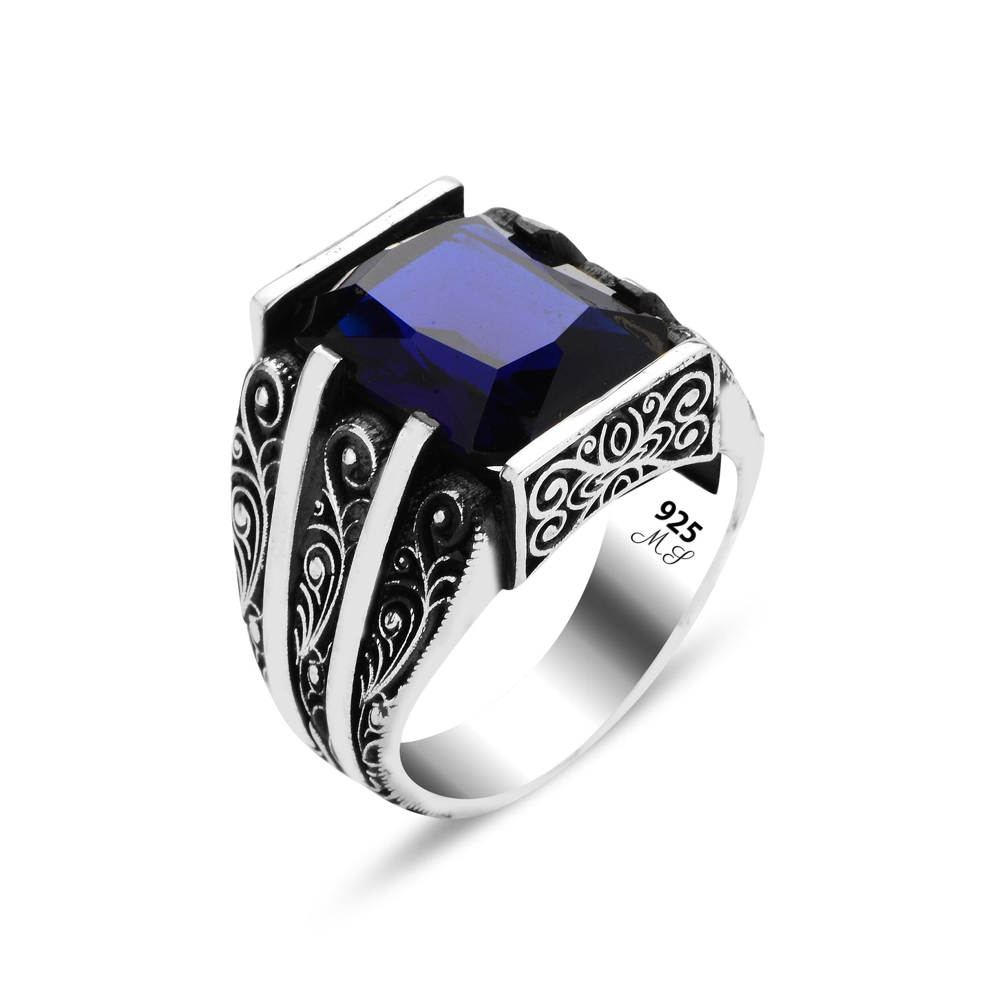 Men Handmade Blue Sapphire Stone Engraved Ring