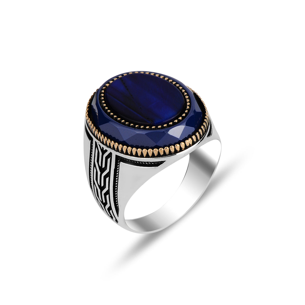 Silberner handgefertigter ovaler blauer Tigerauge-Ring