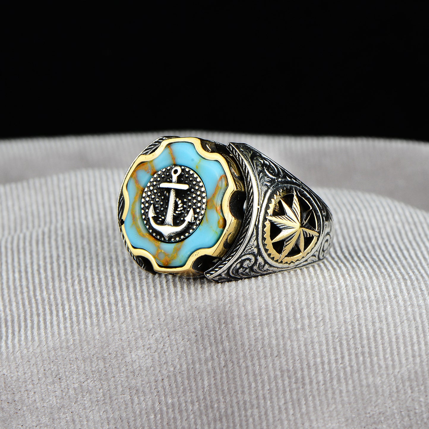 Silver Turquoise Stone Anchor Model Ring
