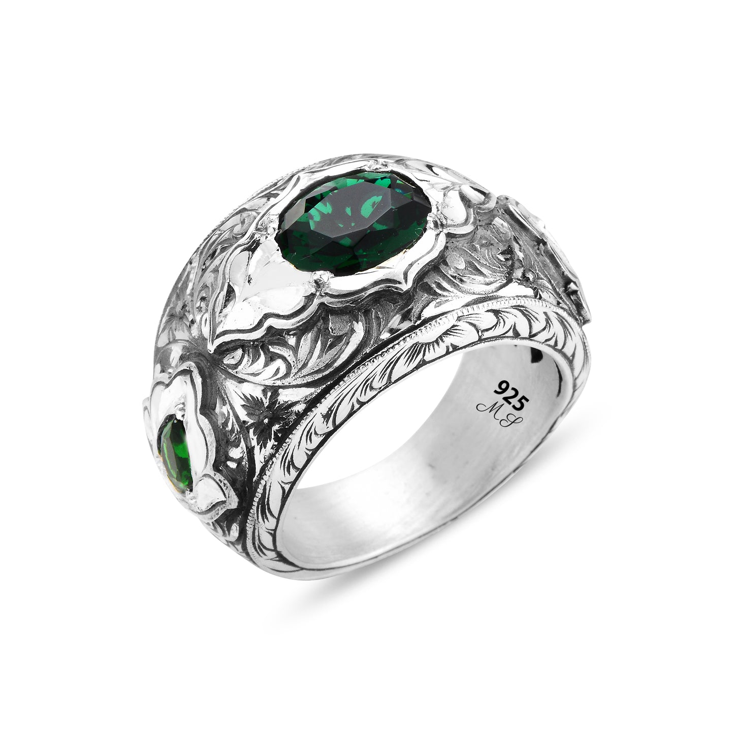 Men Handmade Green Emerald Stone Handmade Wide Ring