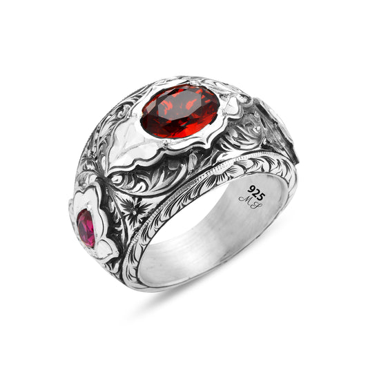 Men Handmade Engraved Ruby Gemstone Wedding Wide Band Ring