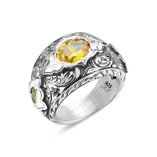 Men Handmade Yellow Citrine Gemstone Engraved Ring