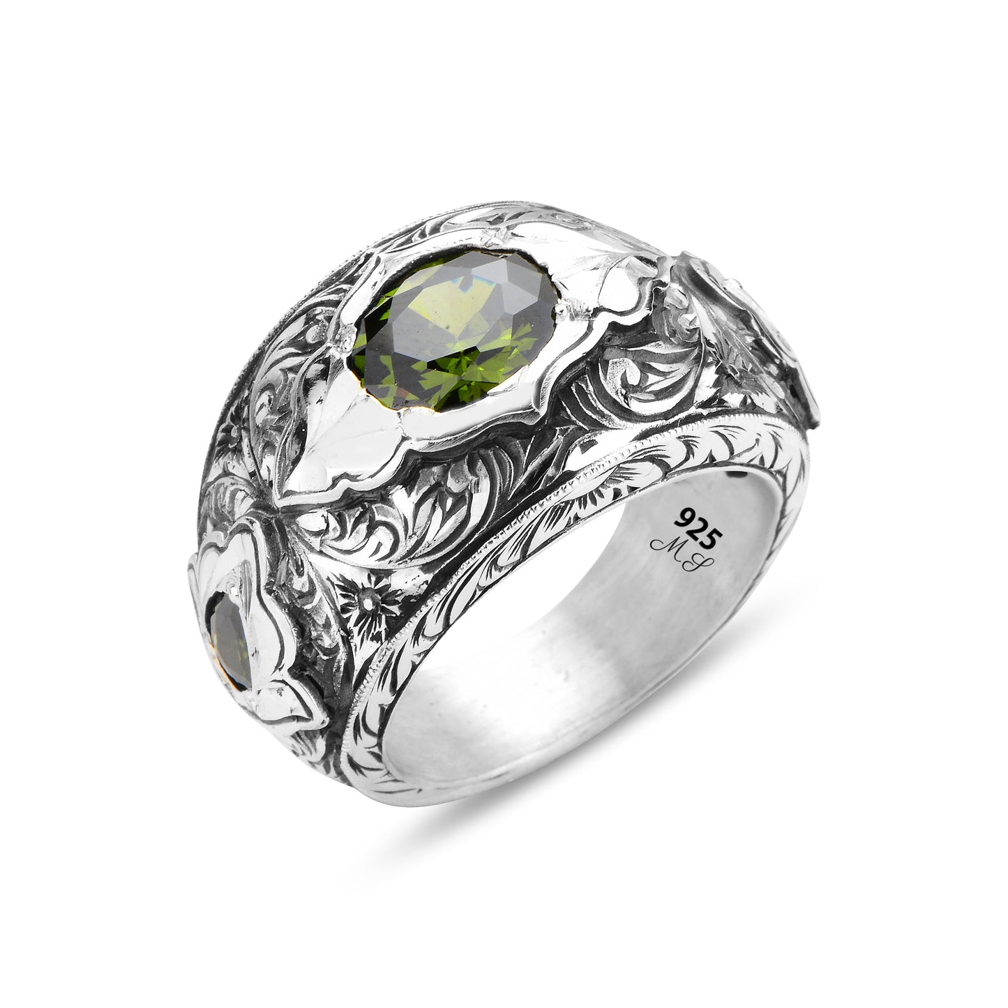 Men Handmade Green Peridot Stone Engraved Band Ring