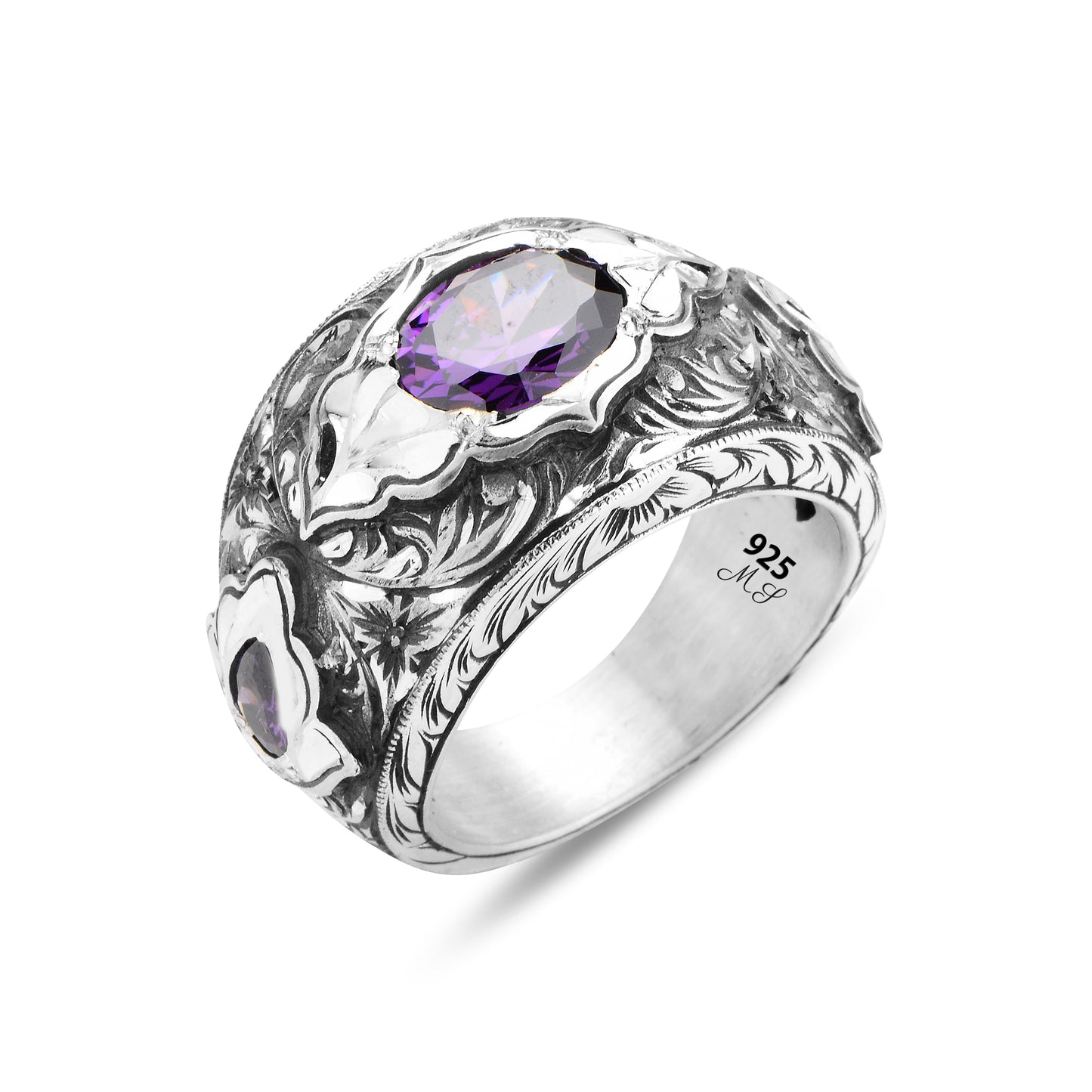 Men Handmade Natural Amethyst Engraved Wide Band Ring