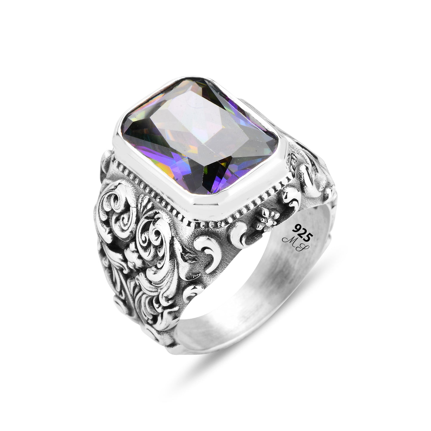 Men Silver Engraved Mystic Topaz Gemstone Ring