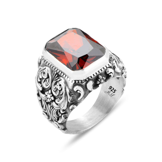 Men Silver Handmade Garnet Ruby Stone Engraved Ring