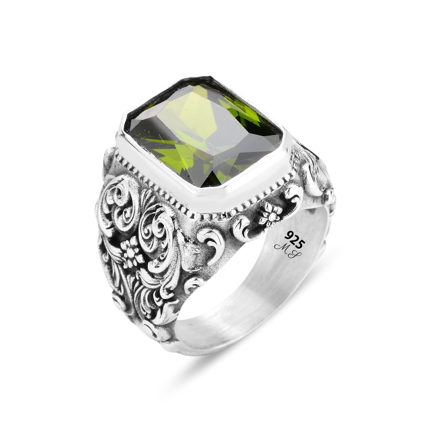 Men Silver Ottoman Style Green Peridot Gemstone Ring