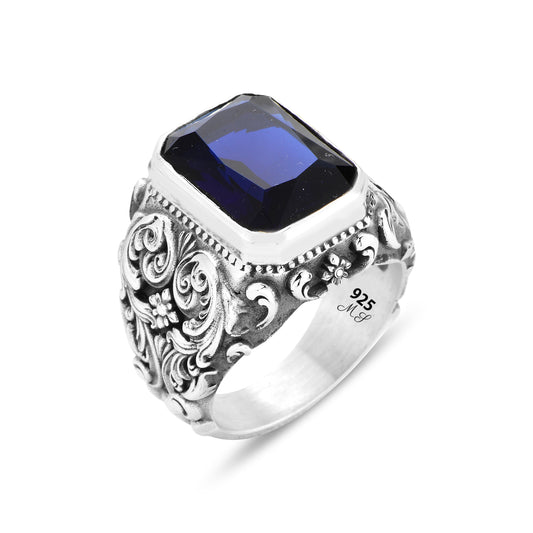 Silver Men Engraved Handmade Sapphire Stone Ring