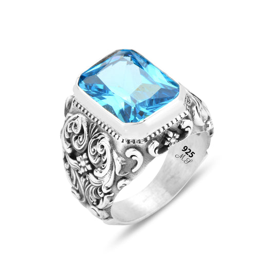 Silver Handmade Men Engraved Aquamarine Stone Ring