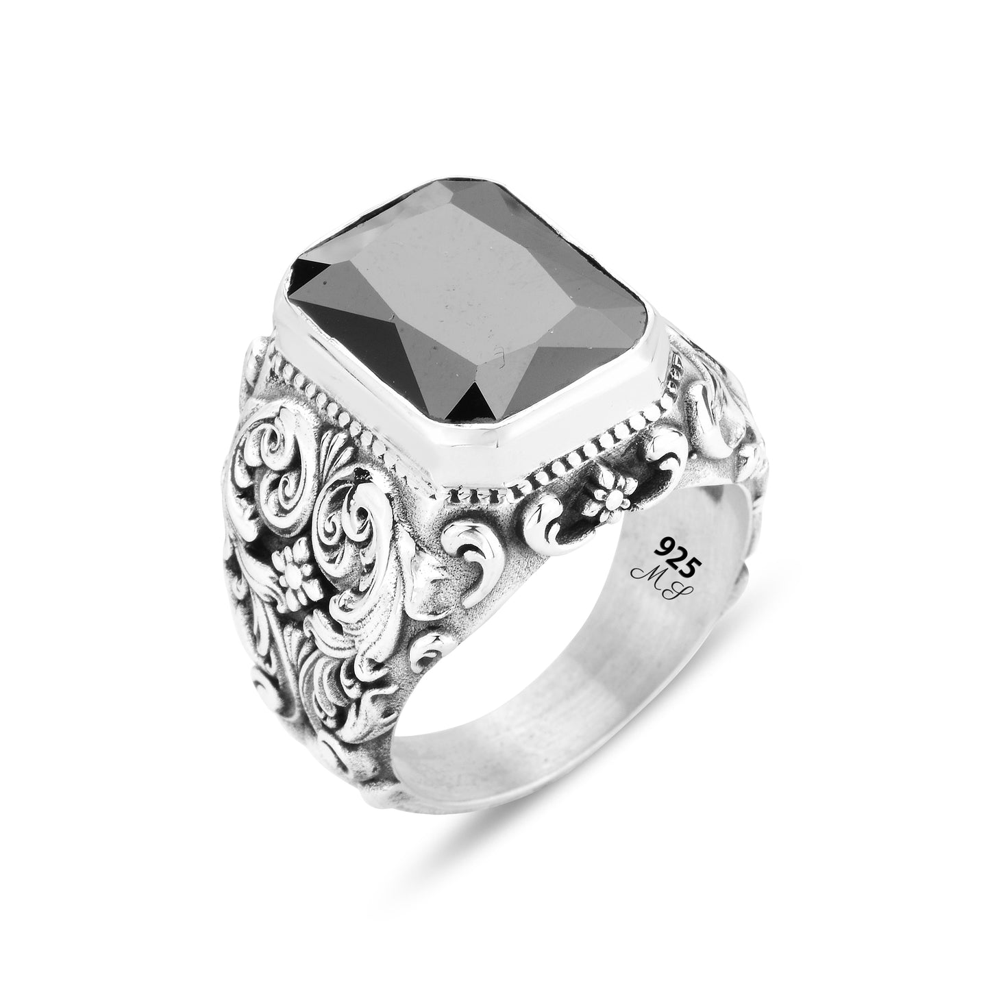 Men Handmade Black Zircon Stone Engraved Silver Ring