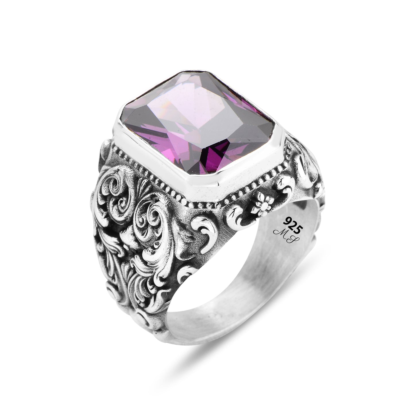 Men Silver Handmade Engraved Square Amethyst Ring