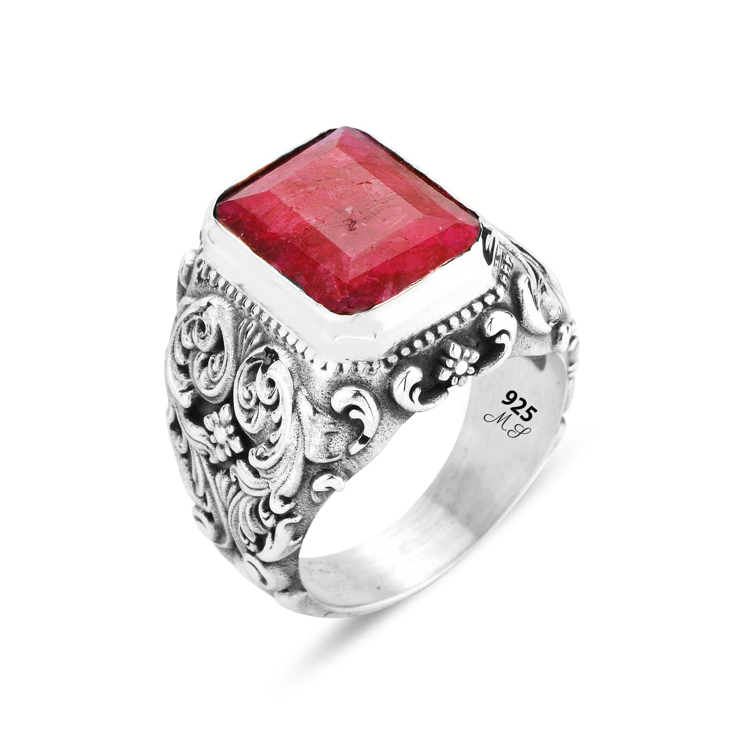 Men Silver Handmade Natural Ruby Stone Engraved Ring