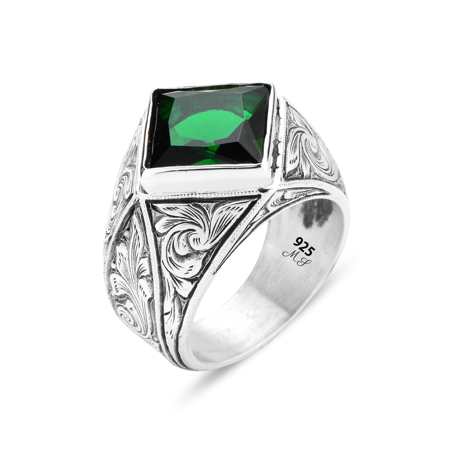 Men Engraved Emerald Gemstone Square Cut Green Stone Ring