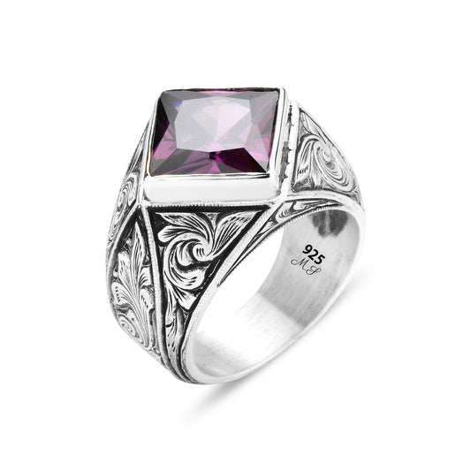 Silver Square Cut Amethyst Engraved Vintage Engagement Ring