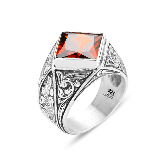 Men Silver Square Engraved Ruby Gemstone Ring