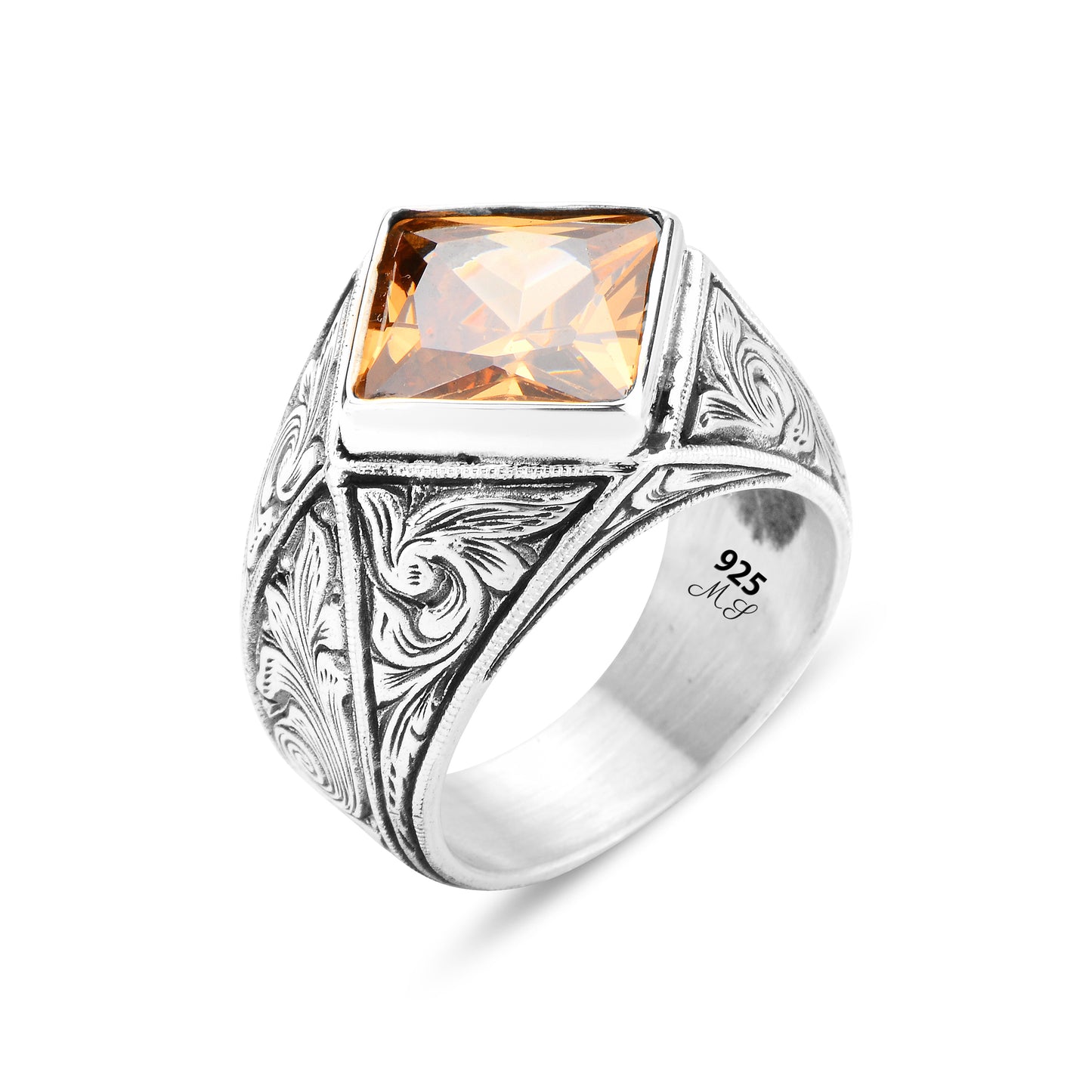 Men Silver Square Citrine Gemstone Engraved Ring