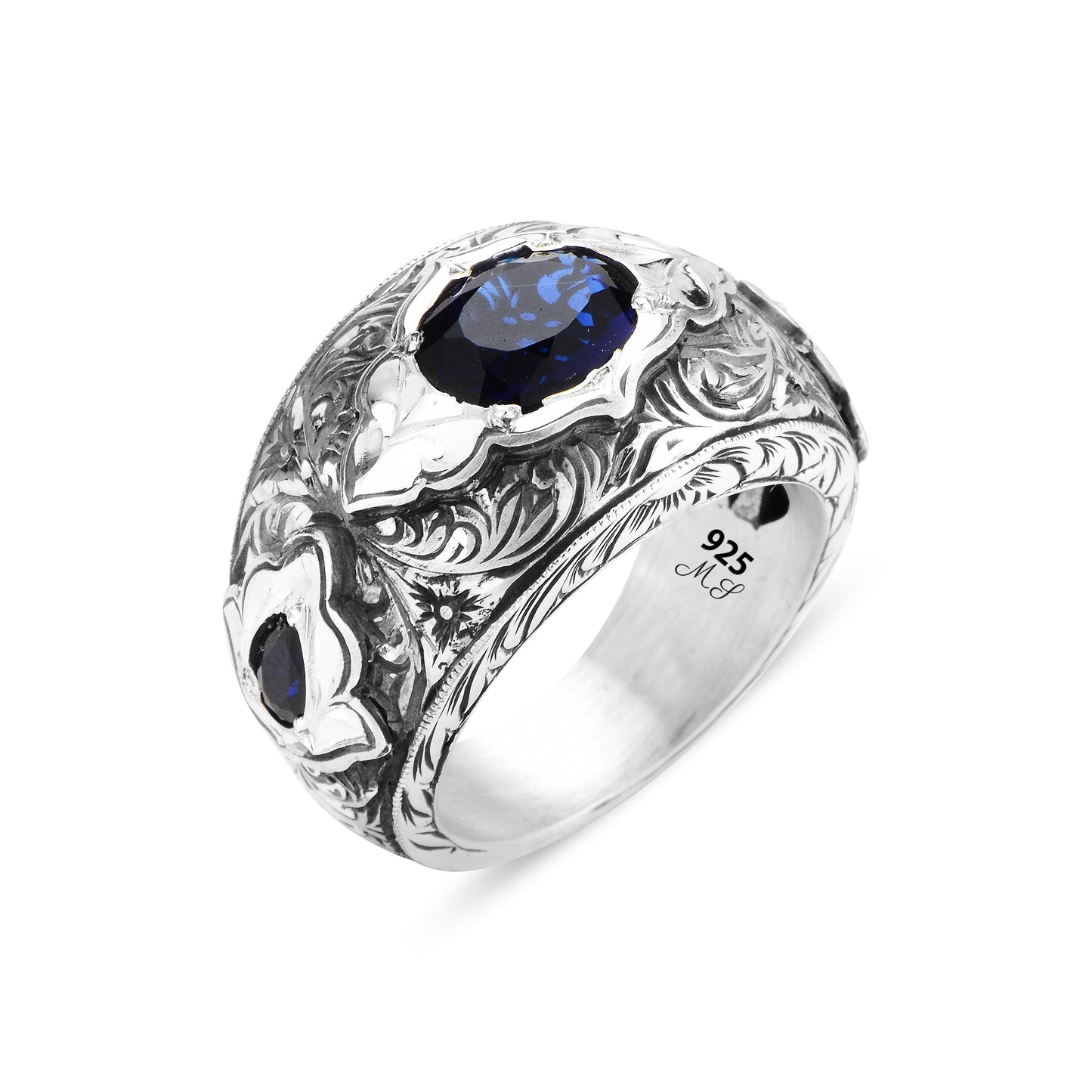 Turkish Men Handmade Blue Sapphire Stone Band Ring