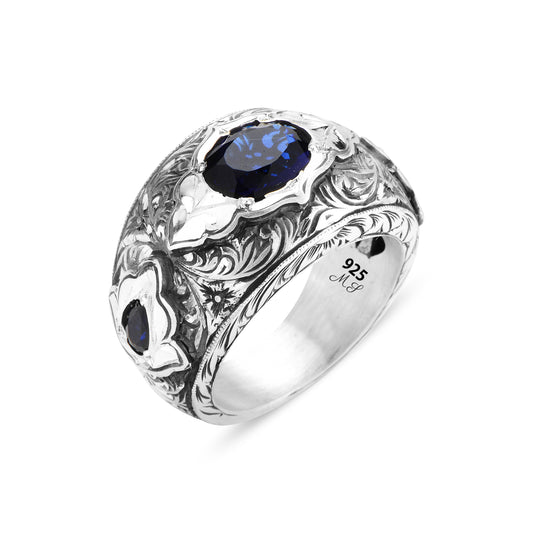 Turkish Men Handmade Blue Sapphire Stone Band Ring