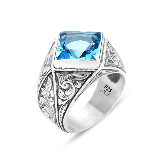 Men Handmade Square Aquamarine Stone Engraved Ring