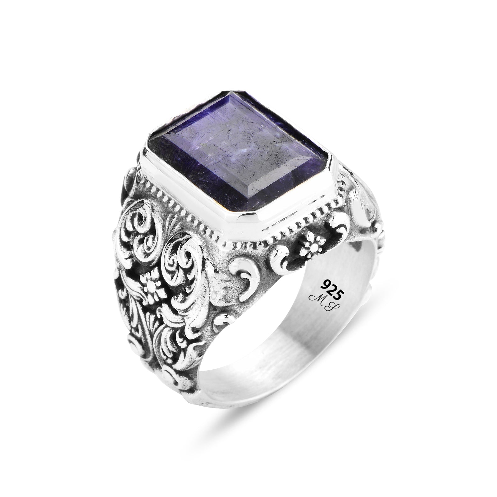 Herrenring, handgefertigt, graviert, aus natürlichem Saphir