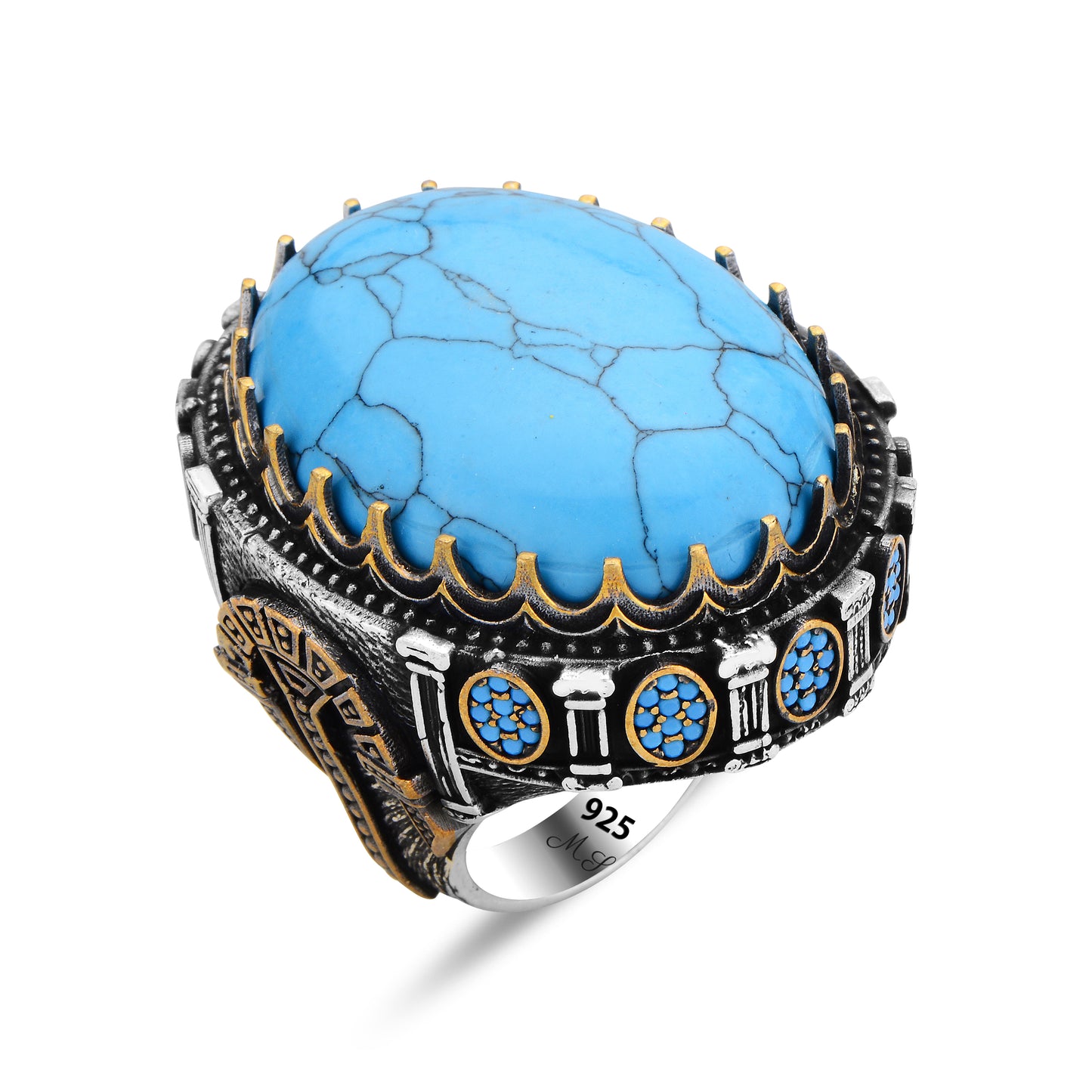 Silver Ottoman Style Large Natural Turquoise Gemstone Unique Men Ring