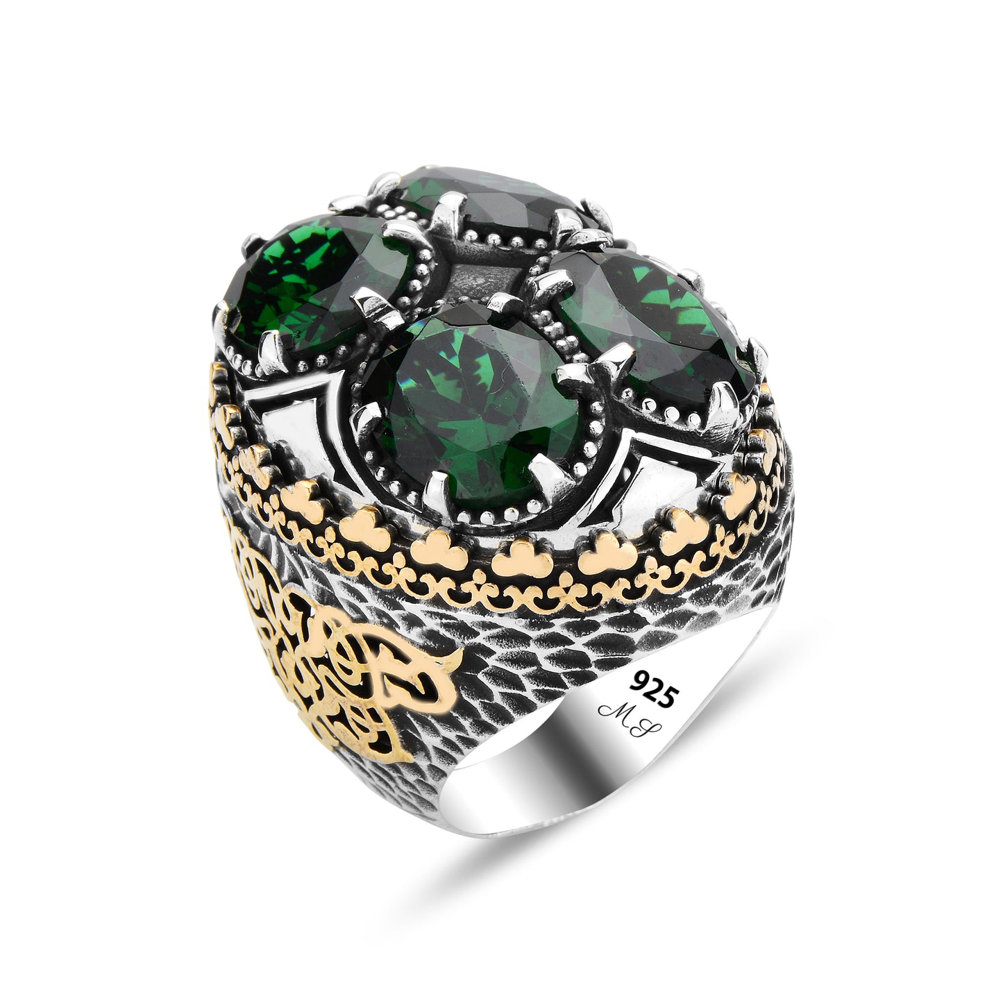 Men 925 Sterling Silver Large Ottoman Style Emerald Ring