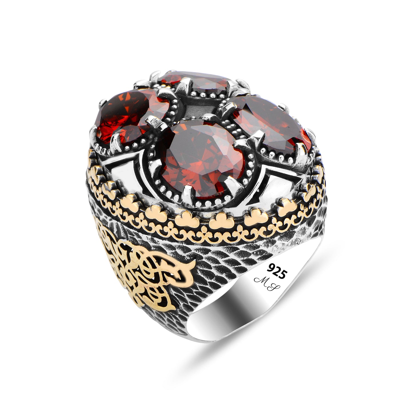 925 Men Silver Ottoman Style Large Red Gemstone Men Ring