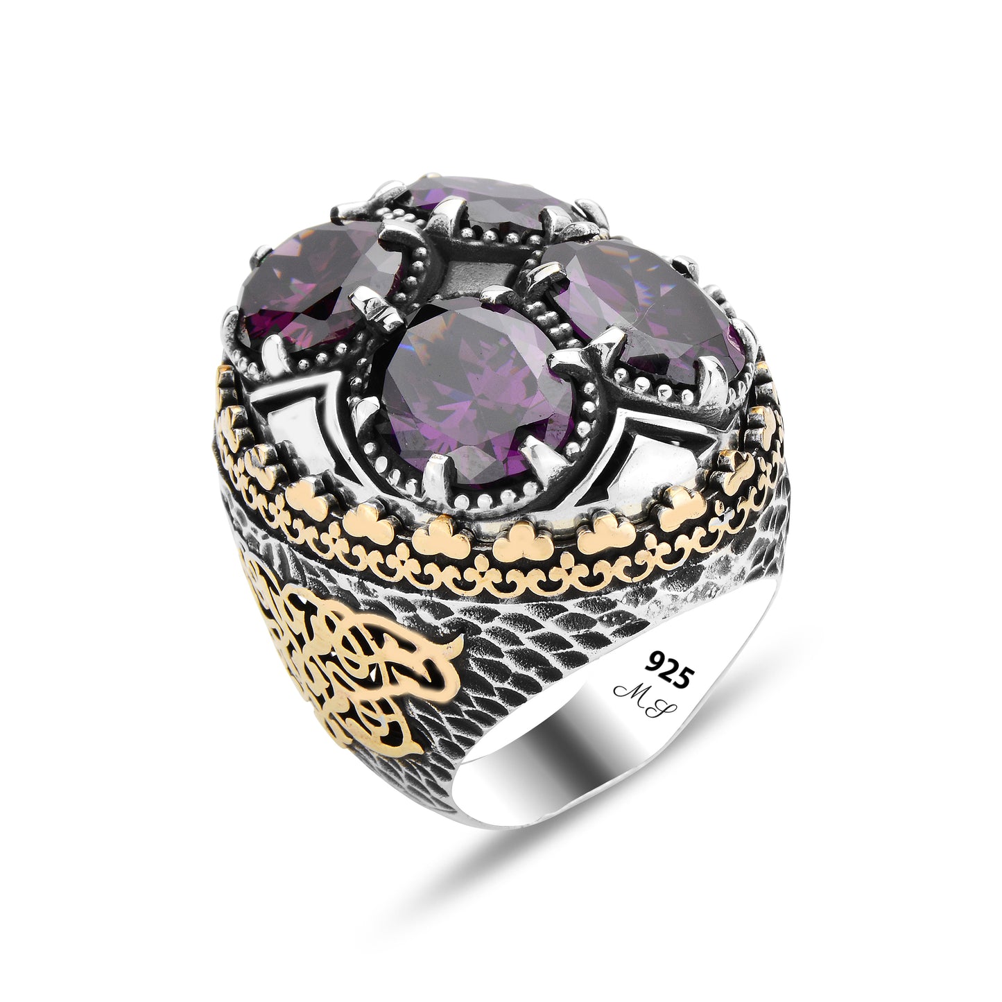 Men Silver Large Ottoman Style Amethyst Gemstone Men Ring