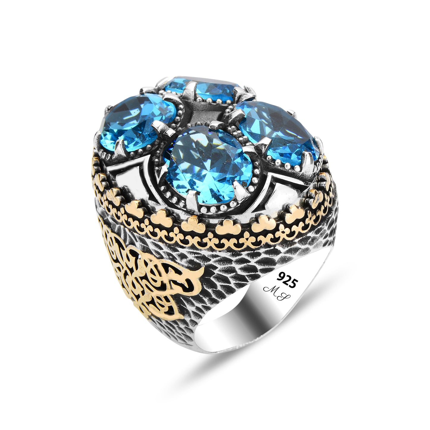 925 Men Silver Ottoman Style Large Aquamarine Stone Ring