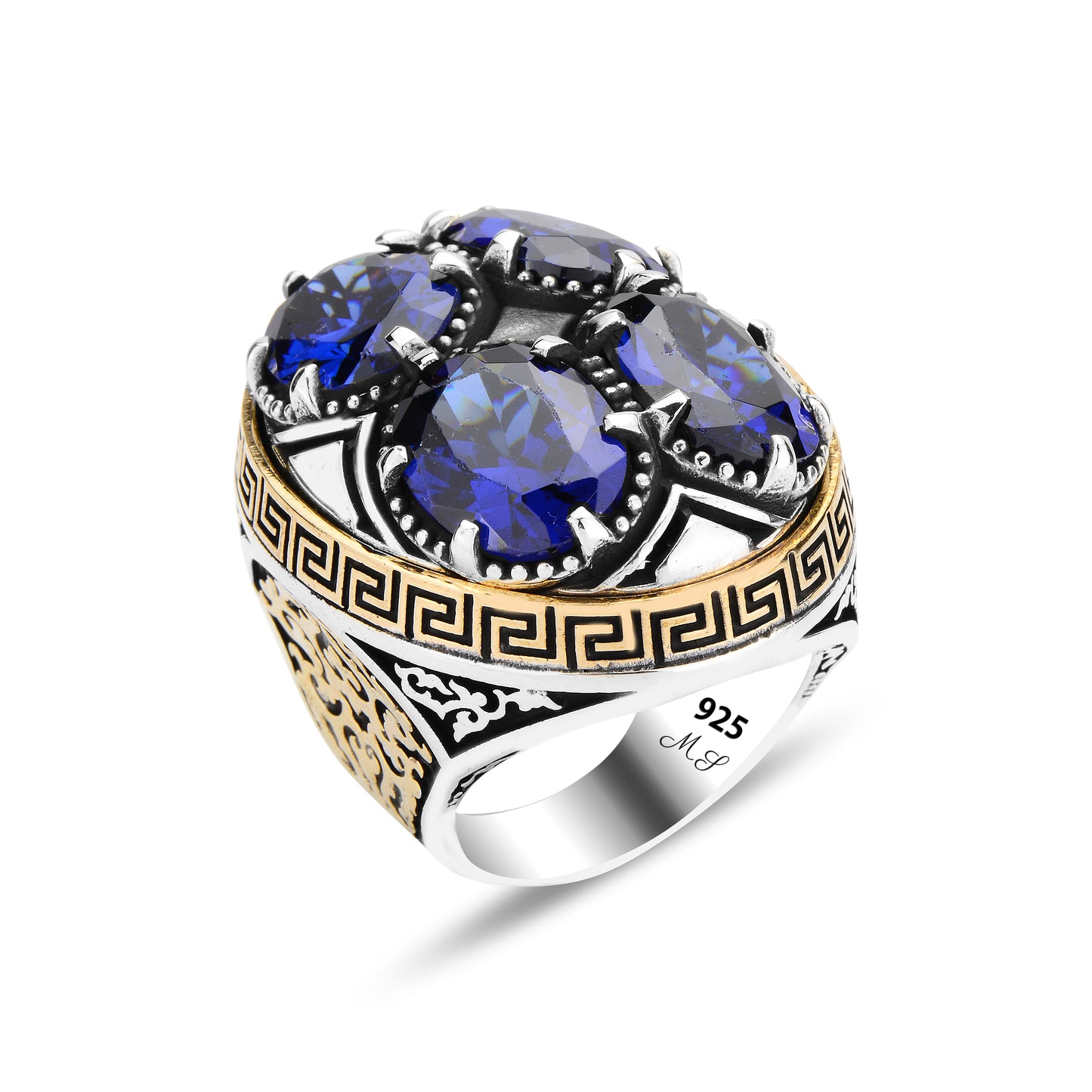 Men Silver Large Sapphire Gemstone Unique Men Ring