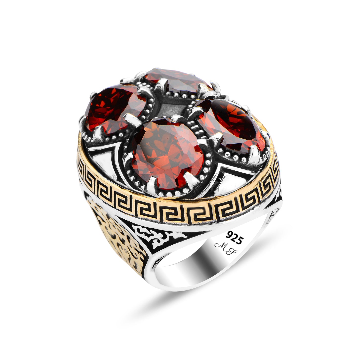 Men Silver Large Ruby Gemstone Ring Unique Greek Ottoman Ring