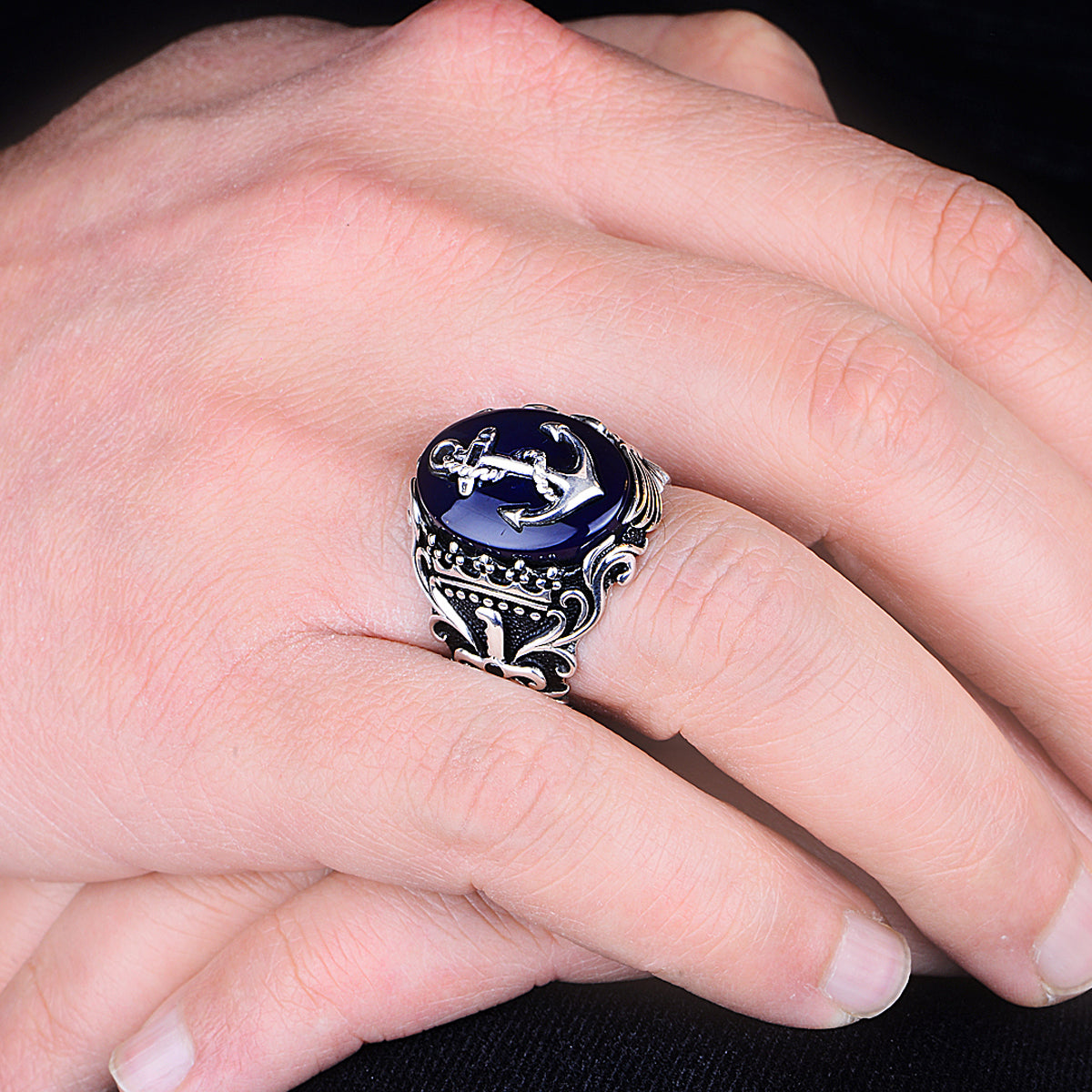 Silver Blue Agate Stone Anchor Ring