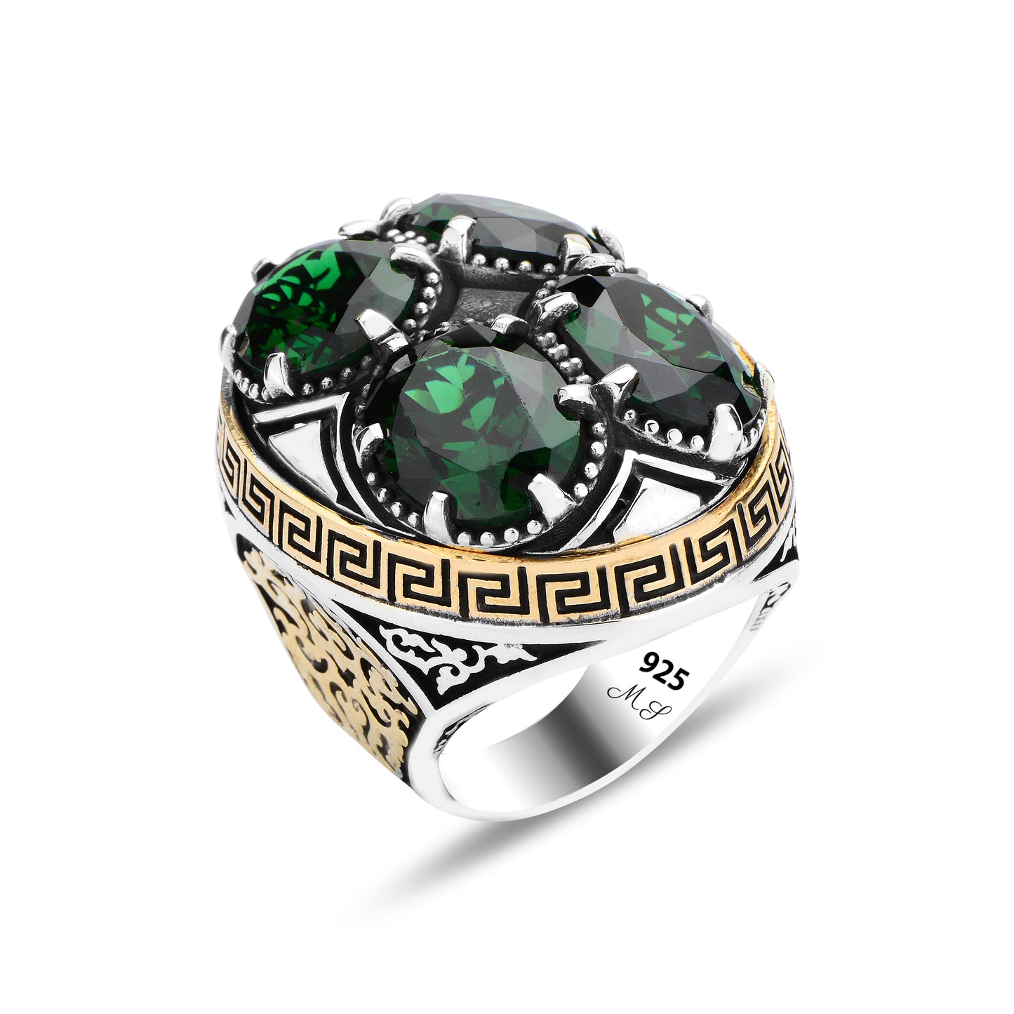 Men Silver Large Emerald Gemstone Handmade Ring