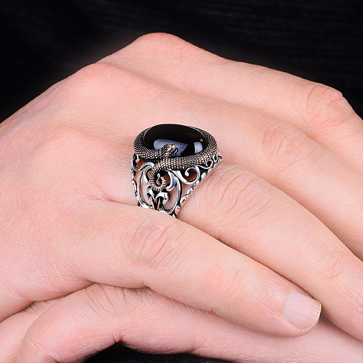 Silver Snake Model Onyx Stone Ring