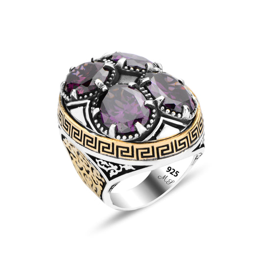 Men Silver Large Unique Amethyst Gemstone Handmade Ring