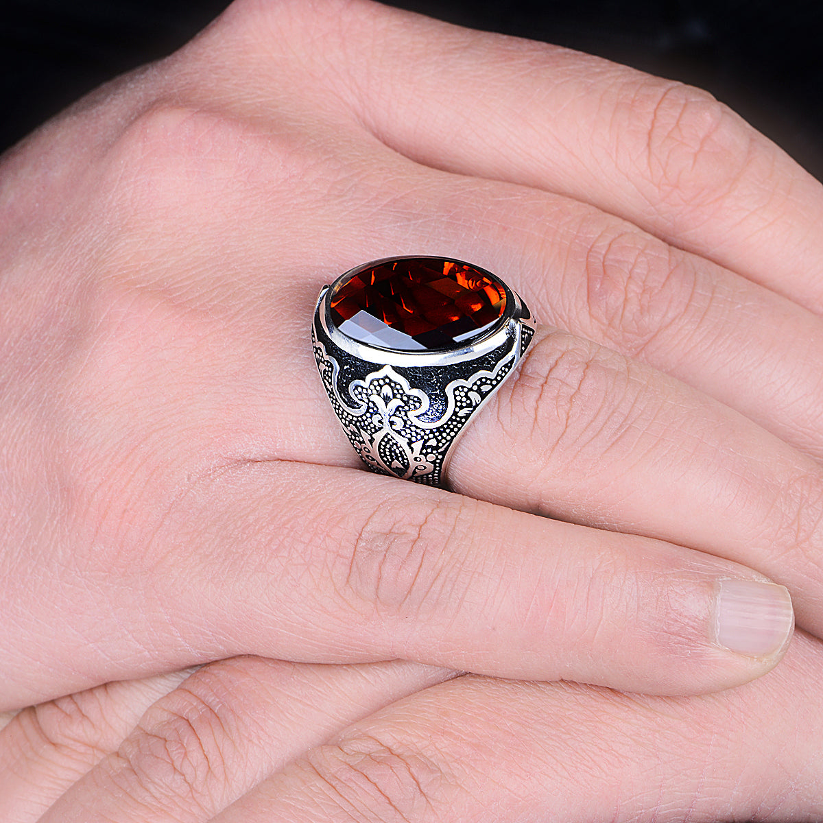 Silver Engraved Ruby Garnet Stone Ring